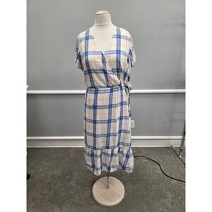 Old Navy Womens Blue White Plaid Wrap Front Ruffle Hem Midi Dress NWT